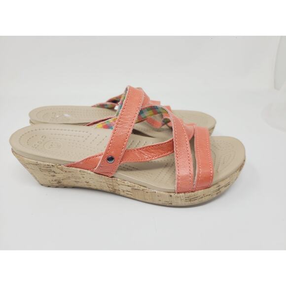 Crocs Womens A Leigh Wedge Sandals 8 Coral Pink Leather Strappy Cork Heels - Picture 7 of 11